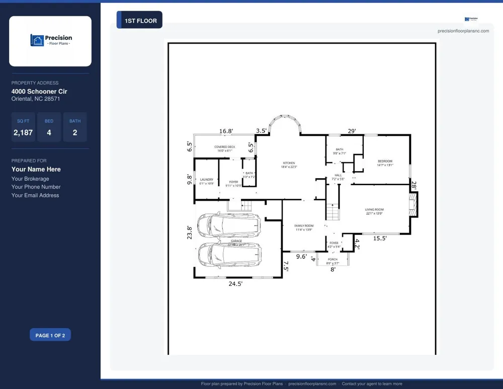 Branded floor plan PDF from Precision Floor Plans: first floor plan with room dimensions, property address, square footage, bed and bath counts, and agent branding panel